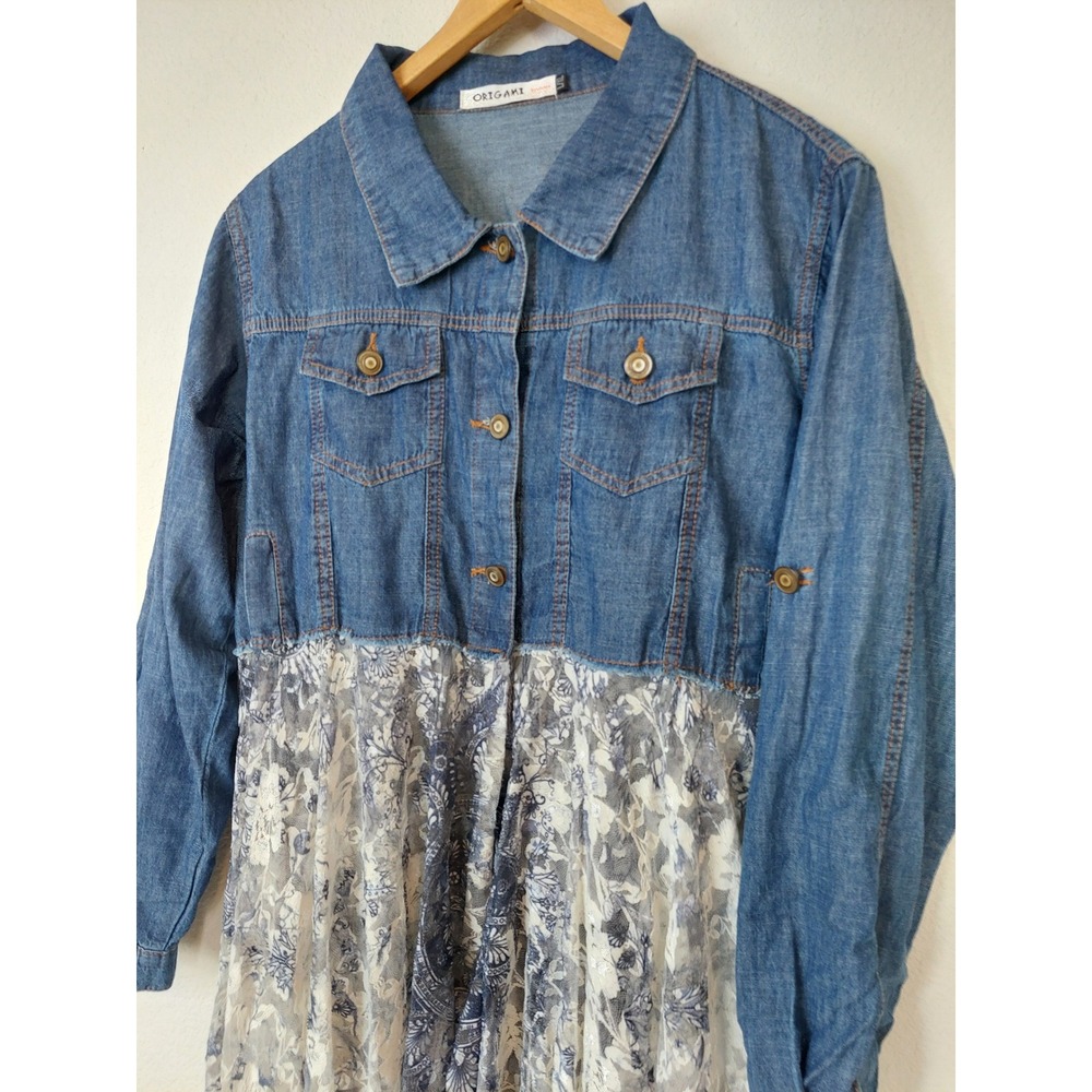 Origami by Vivien Chic Cropped Denim Lace Layer Jacket Size L/XL Boho - Picture 3 of 10